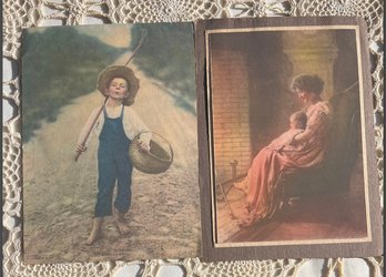 Lot Of 2 - Antique Campbell Art Whistling Boy & Mother & Baby Colorized Photos Pictures