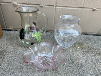 Glass Box Lot - Crackle Pitcher, Vases, Dish, & More!