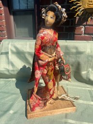 Gorgeous Vintage Japanese Silk Doll On Stand