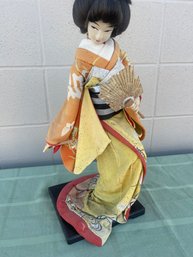 Vintage Asian Silk Doll - Orange Butterfly Dress & Fan