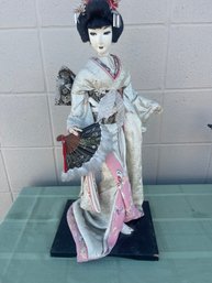 Vintage Asian Silk Doll - Ivory Dress , Parasol & Fan