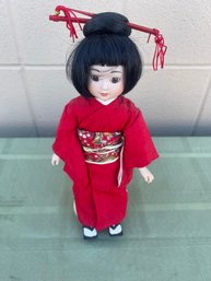 Vintage Chinese Silk Doll With Red Dress & Stand