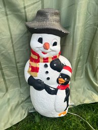 Vintage Snowman With Penguin Friend Lighted Blow Mold - Yard Decoration - Working!