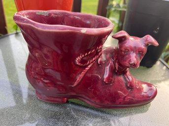 Vintage SHAWNEE POTTERY Dog And Shoe Boot Red Ceramic Planter 1940s-1950s