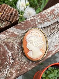 925 Sterling Silver Antique Carved Shell Cameo Pin / Pendant Brooch