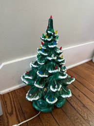 Vintage Ceramic Christmas Tree - Light Green Glaze With White Snow - Working!