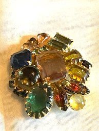 Unsigned Schreiner Multi Color Rhinestone Brooch Pin