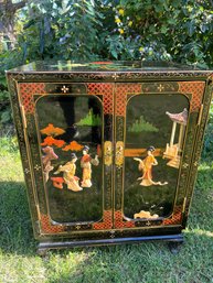 Black Lacquered Hand Painted Carved Soapstone Images Side Cabinet Or Cupboard