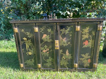 Beautiful Black Lacquered Floral Hand Painted Sideboard Cabinet