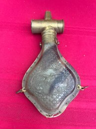 Antique Brass Black Powder Flask With Carved Duck Scene