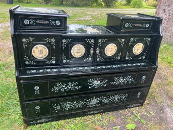 Chinese Black Lacquer & Inlaid Mother Of Pearl & Seashell Antique Dresser / Chest Buffet - Project Piece!
