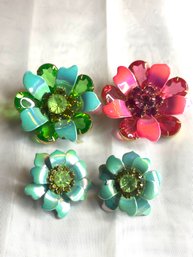 Enameled Flower Brooches And Earring Lot