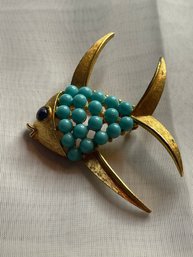 Turquoise Bead Fish Figural Brooch