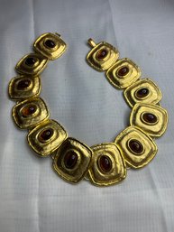 Huge Vintage Gold Tone Amber Tortoise Shell Cabochon Runway Necklace