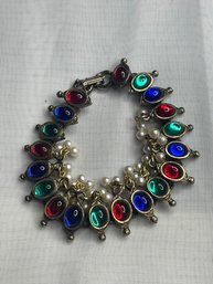 Vintage Mogul Cabochons And Pearl Bracelet
