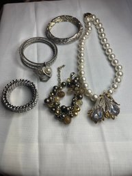 Vintage Costume Jewelry Mixed Lot Rhinestones Pearls Necklace Bracelet And More