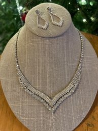 Contemporary Rhinestone Necklace & Pierced Earrings Set