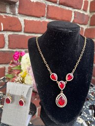 Red Rhinestone Necklace & Hook Earrings Jewelry Lot
