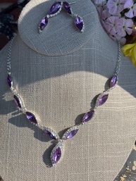 Purple Rhinestone Necklace & Earrings Set