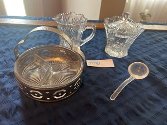 Glassware Lot - Cream & Sugar / Glass Spoon / Tray