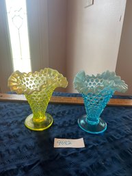 Vase Lot - Blue & Vaseline Glass Ruffled Vase Lot