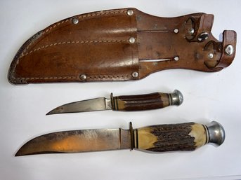 Two Anton Wingen Jr Soligen Germany Knifes And Double Knife Leather Sheath