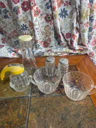 40s 50s 60s Clear Glass Syrup Salt And Pepper Oil Bottle And Cups