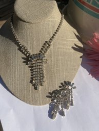 Vintage Art Deco Rhinestone Necklace & Screw Back Earrings Set