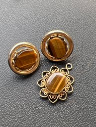 Vintage Tigers Eye Set Of Earrings With Necklace Pendant