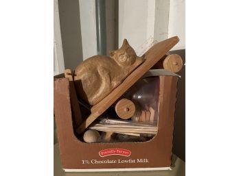 Box Lot Of Wood Craft Supplies W Cat Stencils & Wood Wagon