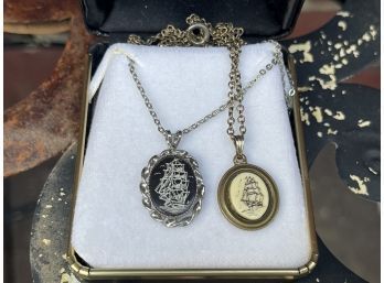 Lot Of Two Beautiful Vintage Etched Ship Pendant Necklaces - One Hallmarked