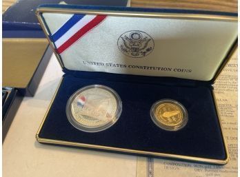 Silver Dollar & Solid $5 Gold Coin - 0.24 Troy Oz Pure Gold - US Constitution Coin Proof Set