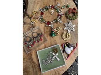 Vintage & New Christmas Jewelry Lot - Pins Brooches Bracelet Necklace Earrings