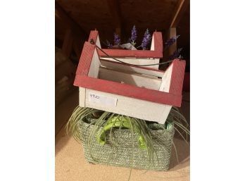 Bird House And Artificial Flowers Green Baskets