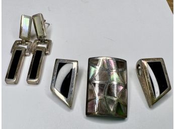 Sterling Silver 925 Onyx & Abalone Earring & Slide Set
