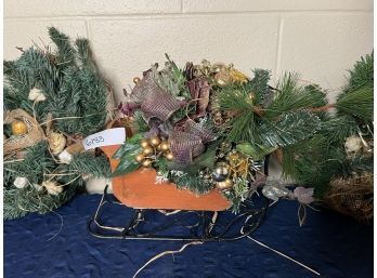 Christmas Lot Of Faux Flowers & Sleigh -