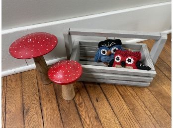 Home Decor Lot In Wood Basket Red Mushrooms