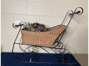 Christmas Decor Lot- Large Wicker Sleigh / Faux Flowers In Sleigh
