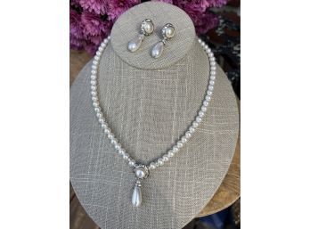 Vintage Faux Pearl & Rhinestone Necklace & Pierced Earrings Set