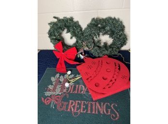 Christmas Decor Lot - Wreaths Door Mat & More!