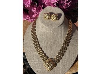 Vintage Necklace & Pierced Earring Gold Tone Set