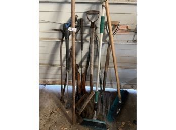 Yard & Lawn Tool Lot Axes Brooms Sprayer And More