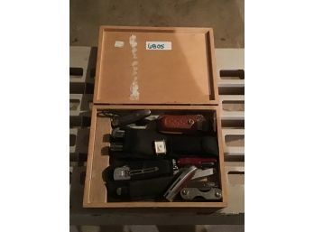 Wooden Box Filled With Pocket Knives
