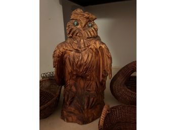 Carved Wood Owl And Baskets
