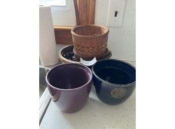 Lot Of Basket Hangers And Ceramic Planters