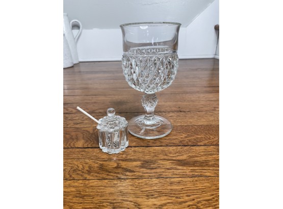 Glass Mustard Lidded With Spoon And Hobnail Wine Glass