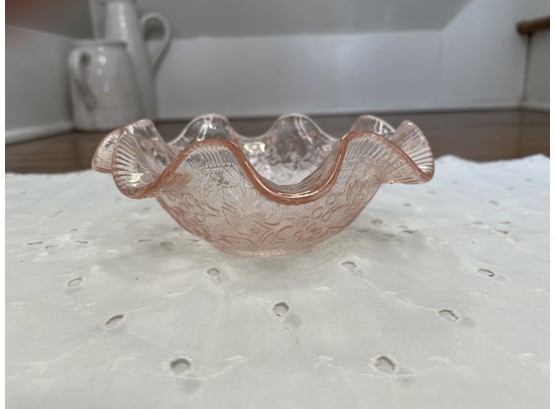 Pink Glass Vintage Bowl With Grapes Grape Pattern And Ruffled Edge