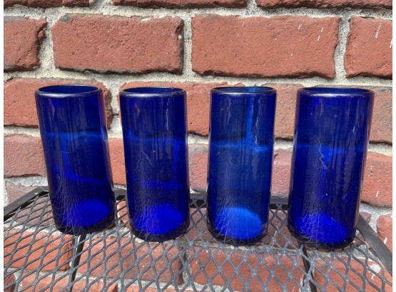 Lot Of 4 Cobalt Blue Blown Glass Tall Tumblers / Glasses
