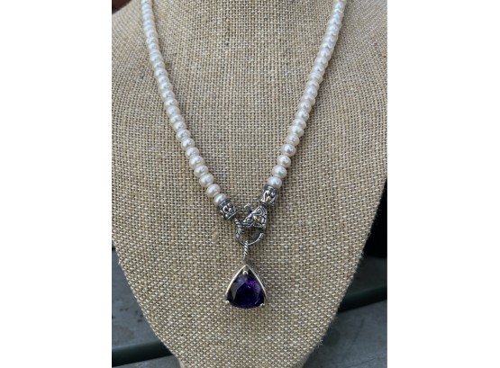 Sterling Silver 925 & 18K Gold Amethyst Pendant With Pearl Necklace