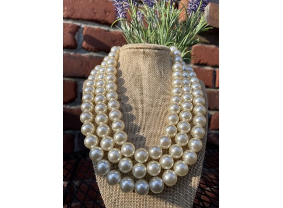 FAB Vintage Chunky Three Strand Faux Pearl Necklace